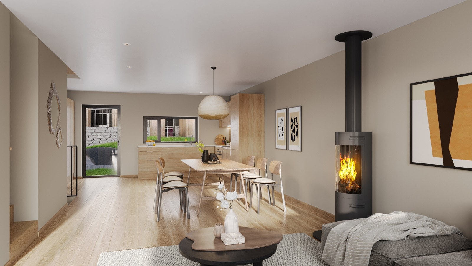 Slette vegger med listefritt, 1-stavs Pergogulv seaside oak og stilfullt kjøkken fra Aubo. Illustrasjonbilde fra stue i fremste rekke (rekkehustype 1). Galleribilde