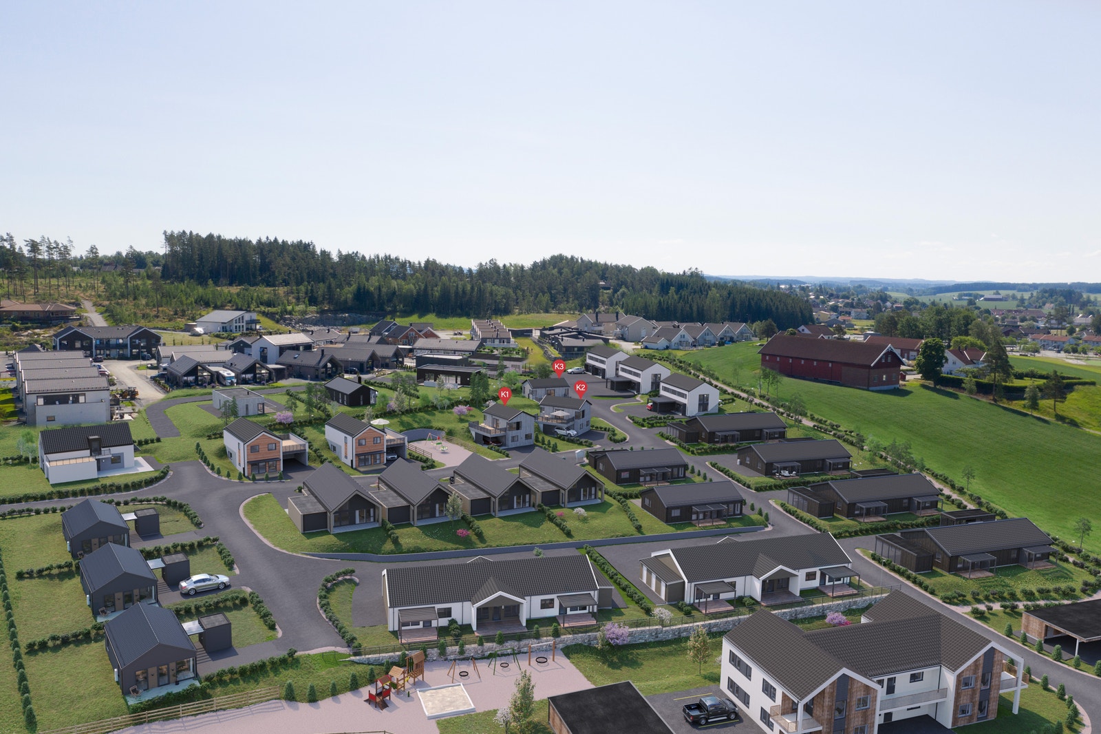 Illustrasjon av feltet med boligene markert Galleribilde