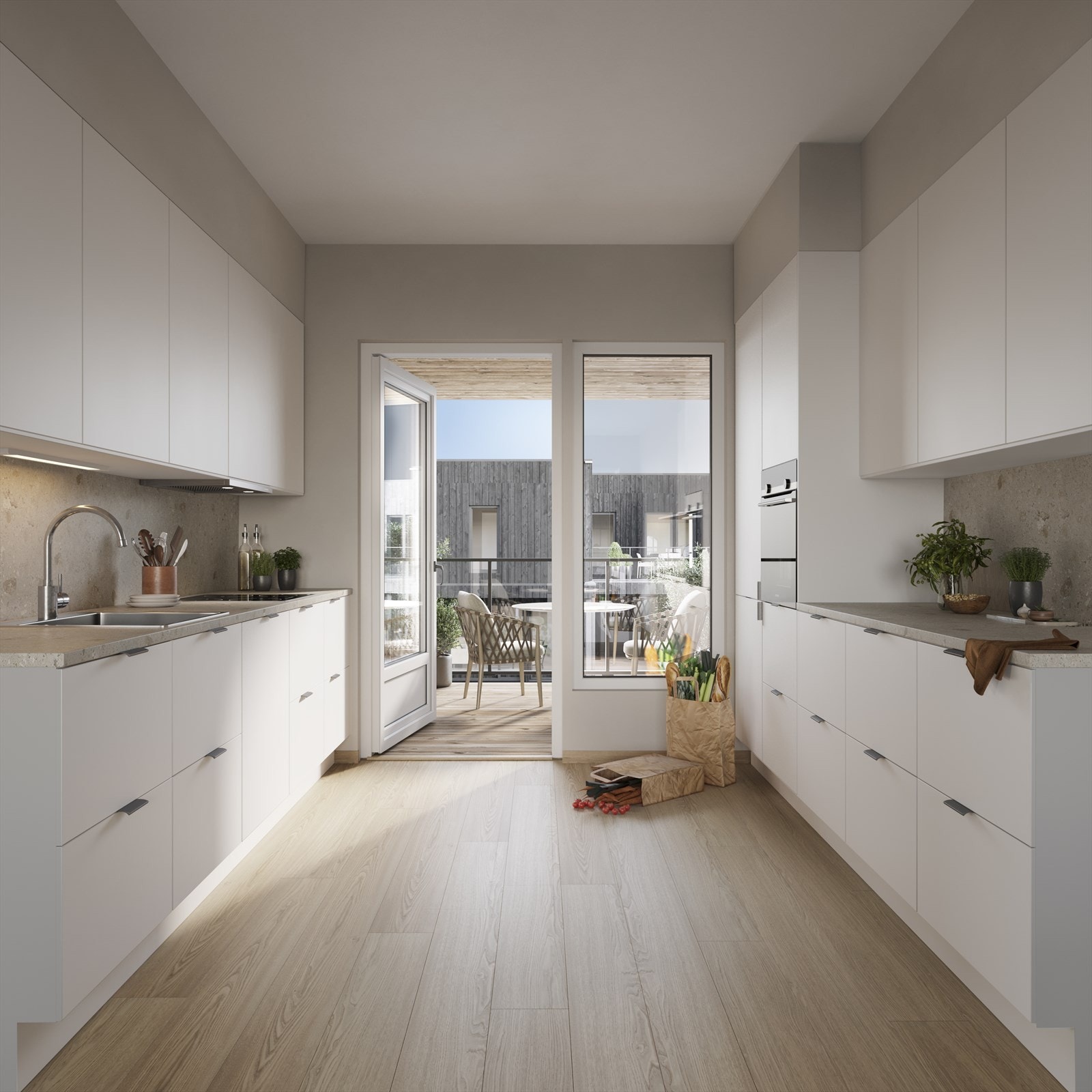 Tidløst kjøkken med integrerte hvitevarer. Direkte utgang til balkong mot øst hvor morgenkaffen kan nytes? Illustrasjon fra prosjektet - avvik vil forekomme Galleribilde