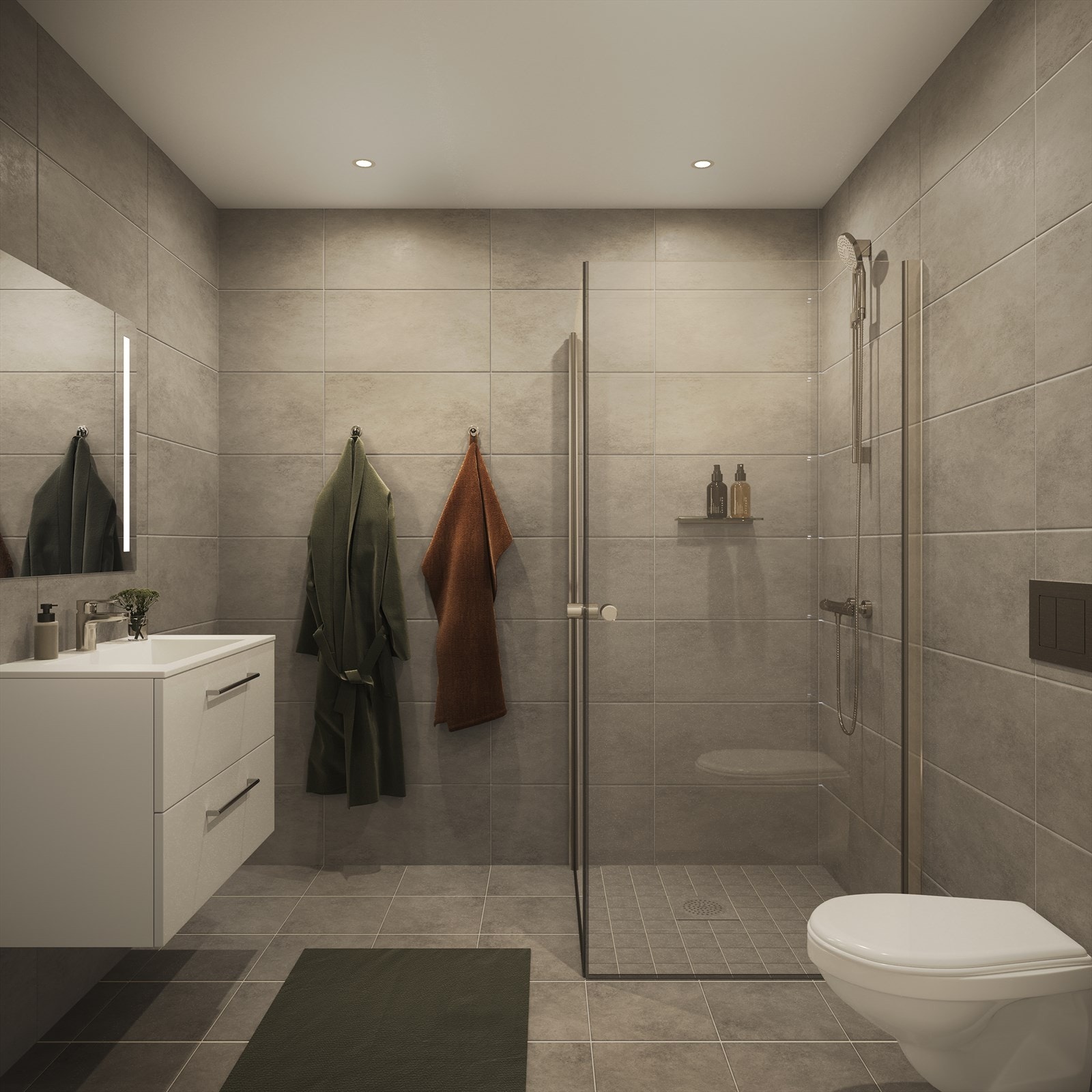 Boligene i Porsgrunn vest trinn 2 leveres med delikate og romslige flislagte bad. Bildet viser prosjektleveransen og avvik på plassering av innredning vil forekomme. Se plantegning for plassering av innredning. Galleribilde