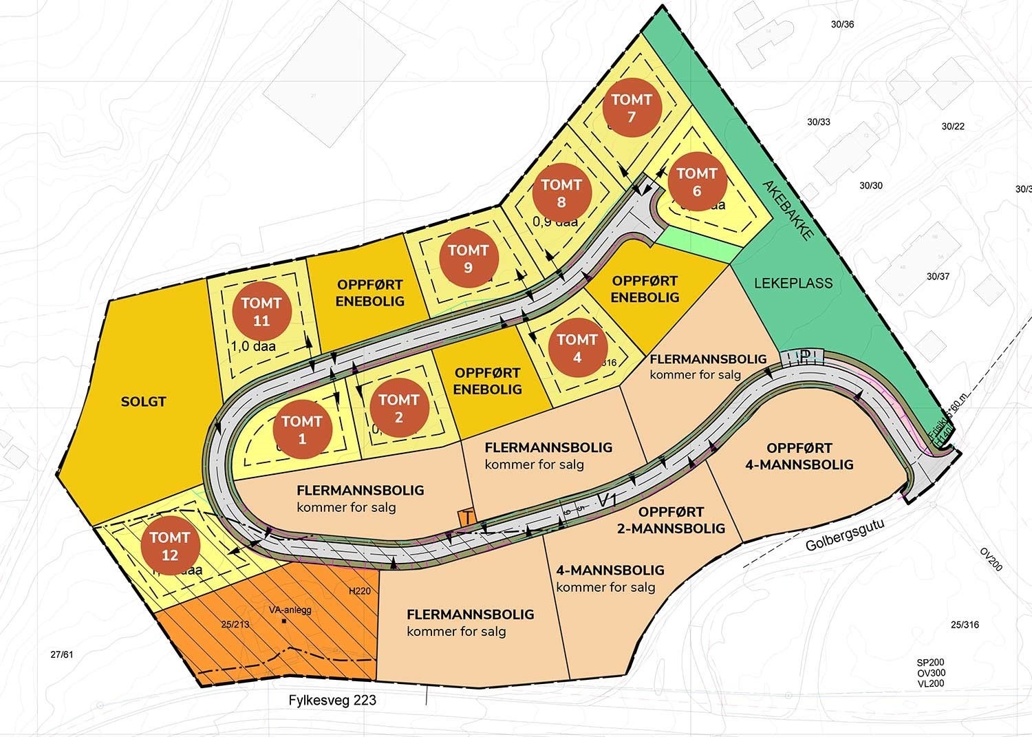 Oversikt over ledig tomter, oppførte boliger og planer for boligområdet. Galleribilde