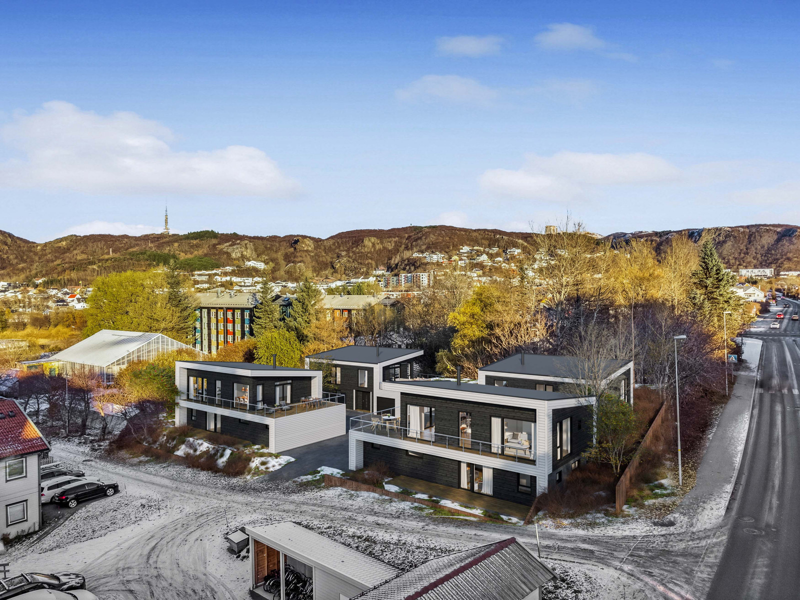 Hovedfasade, Hus 1 til høyre (perspektiver kan avvike)