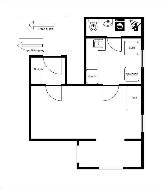 Skisse over leiligheten. NB: Mål og forhold er ikke nøyaktige, men skissen gir et godt inntrykk av planløsningen og hvor det faste inventaret står. Galleribilde