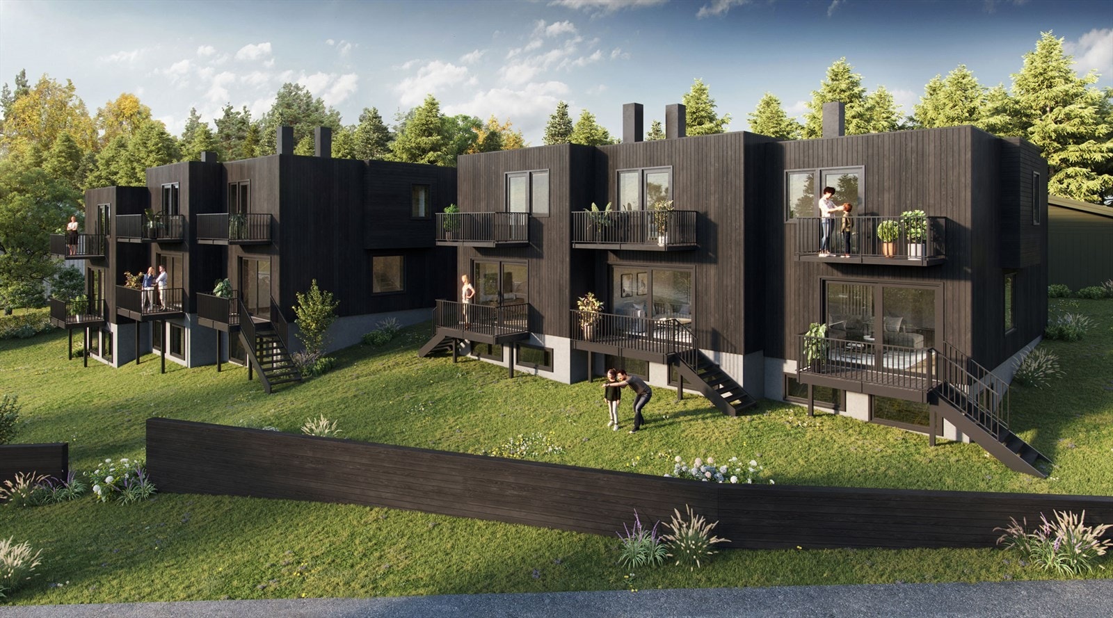 Boligene har meget funksjonelle og praktiske planløsninger over tre plan. De moderne og
funkisinspirerte husene leveres med gjennomgående høy standard. Galleribilde