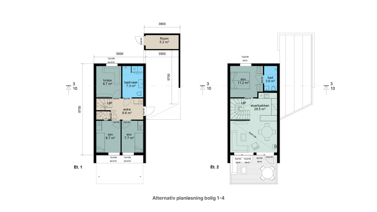 Alternativ planløsning med 4 soverom på tomt 1-4 Galleribilde