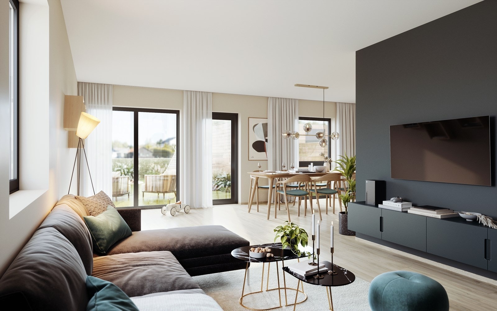 Romslig allrom med store vindusflater og naturlig avdelt sone mellom stue og kjøkken. Utgang til hageområdet. Galleribilde