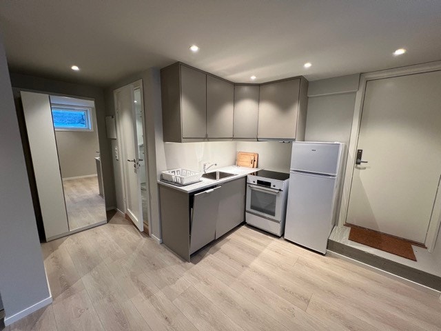 Kjøkkenet har integrert oppvaskmaskin, komfyr og kjøleskap med fryser Galleribilde