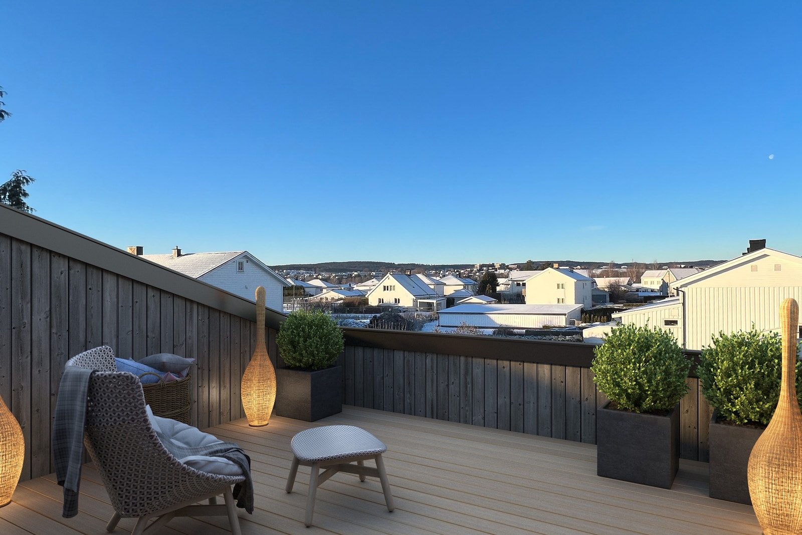 Solrike takterrasser på hele 31 kvm vendt mot vest med flott utsikt. Illustrasjon av fasade, avvik kan forekomme. Galleribilde