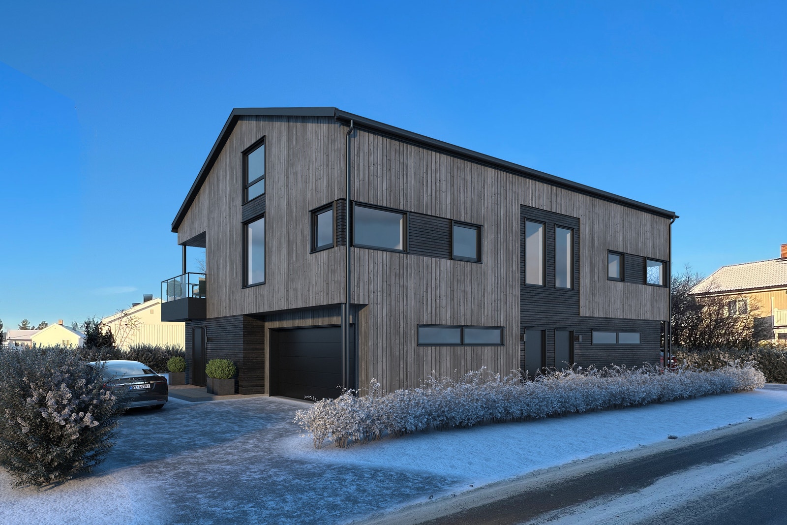 Det er to avkjørsler til eiendommen. Egen innkjøring og gårdsplass for hver enhet. Dobbel garasje på kortsiden. Illustrasjon av fasade, avvik kan forekomme. Galleribilde