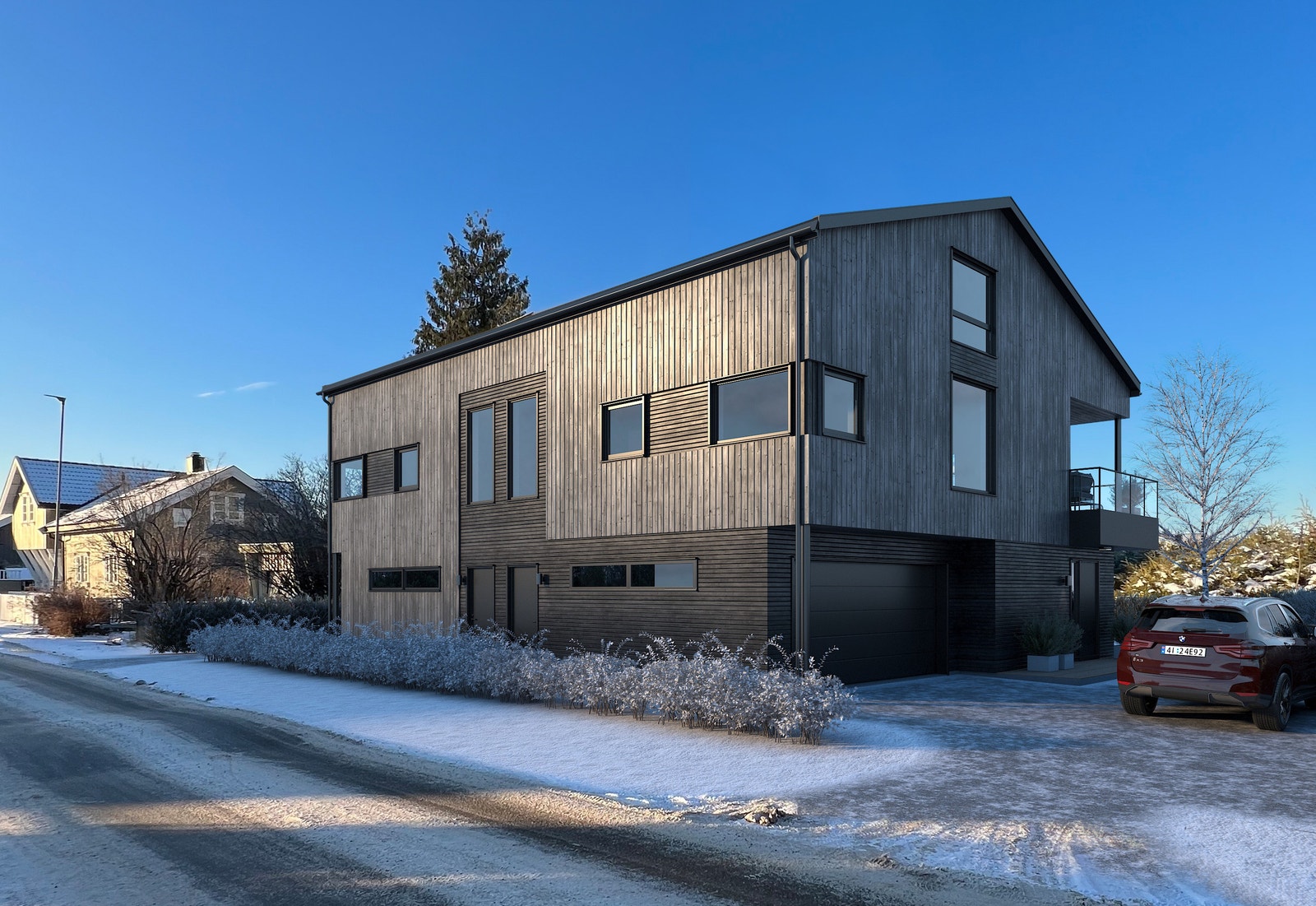 Tomannsboligen vil ha påkostet NORD kledning tilpasset et nordisk klima og minimalt med vedlikehold. Illustrasjon av fasade, avvik kan forekomme. Galleribilde