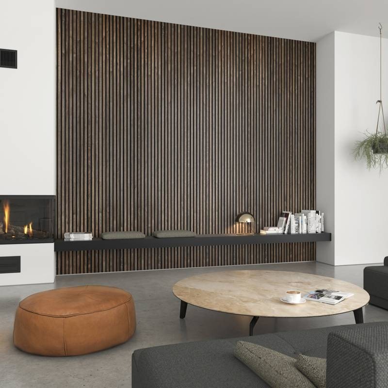 Illustrasjon til lekker spilevegg i valnøtt - kan leveres av utbygger som tilvalg Galleribilde