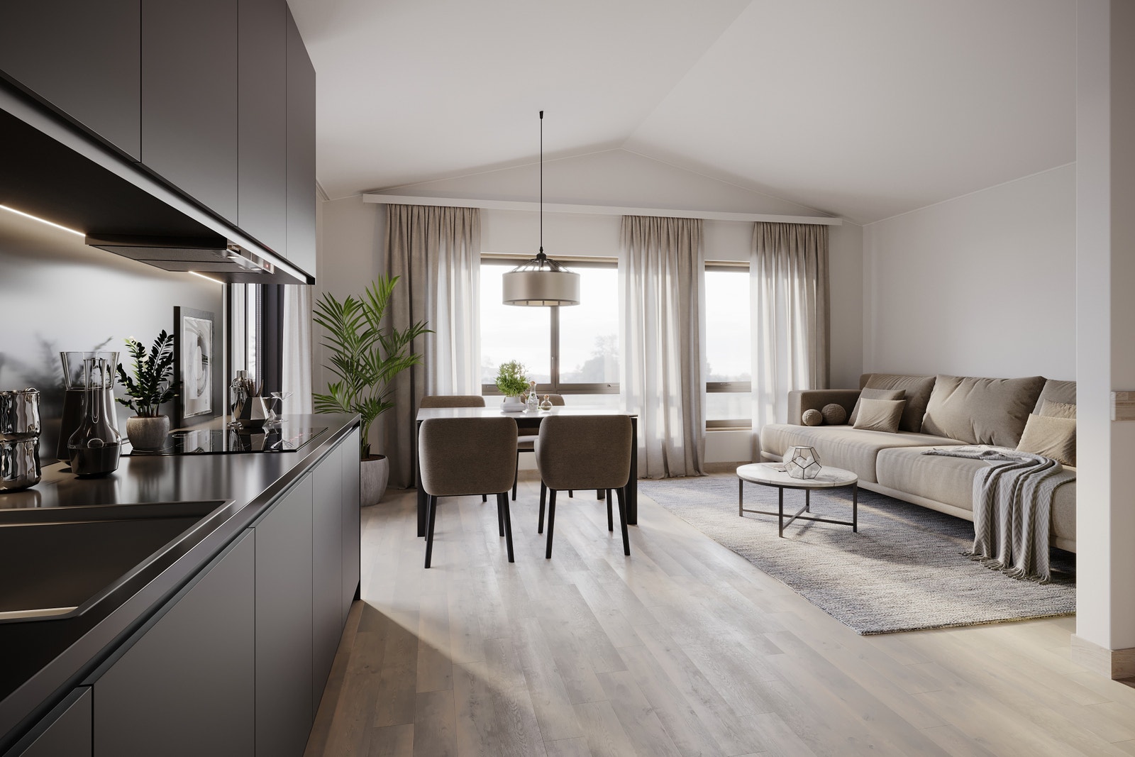 Illustrasjon av stue og kjøkken i 1. etg. Galleribilde