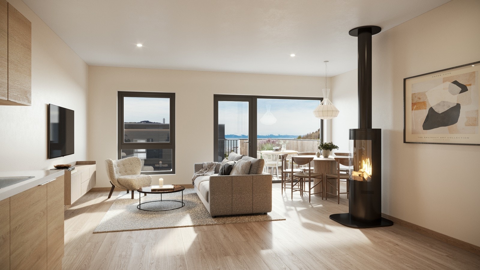 Rekkehusene på bakre rekke (rekkehustype 2) vil være på ca. 112 kvm med 3 soverom og 1,5 bad. God og praktisk planløsning. Illustrasjonsbilde fra stue i bakre rekke. Galleribilde