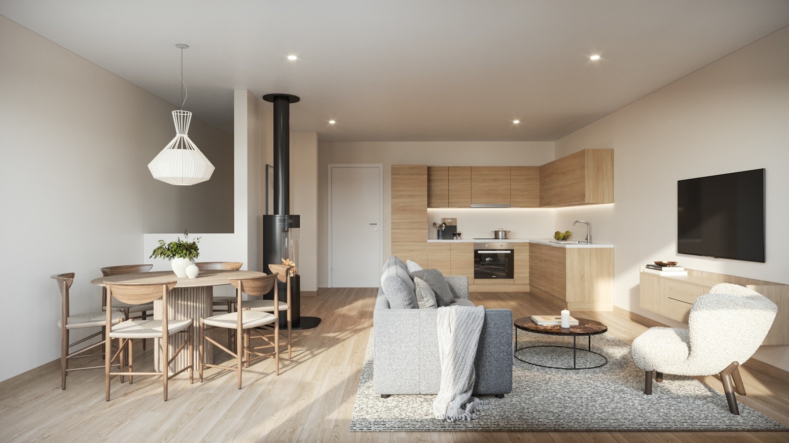 Illustrasjonsbilde fra stue og kjøkken i bakre rekke. Her har man stue og kjøkken, samt soverom på samme etasje. Galleribilde