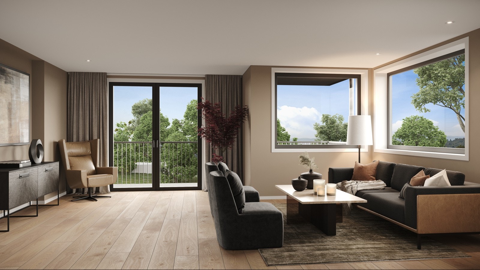 Stort stuerom - Illustrasjon er av illustrativ karakter og angir nødvendigvis ikke korrekt gjengivelse av elementer i boligene. Galleribilde