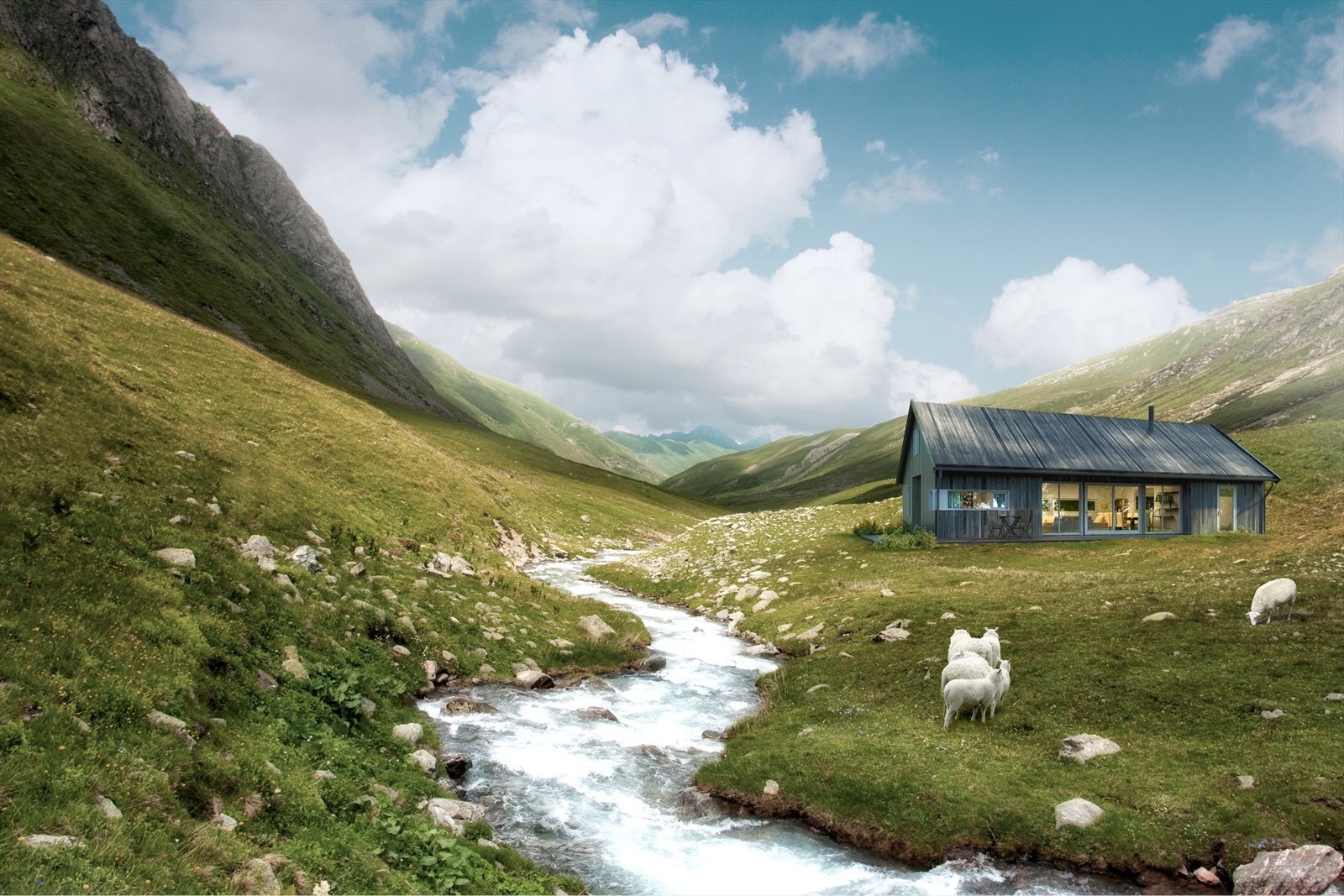 Illustrasjonen viser hyttetypen Hild fra Berge Sag og Trelast AS som kan bygges på tomt: 13.
Denne hytten har en BRA på 83 kvm
og 3 soverom. Se mer: https://bergesag.no/modeller/hild/ Galleribilde