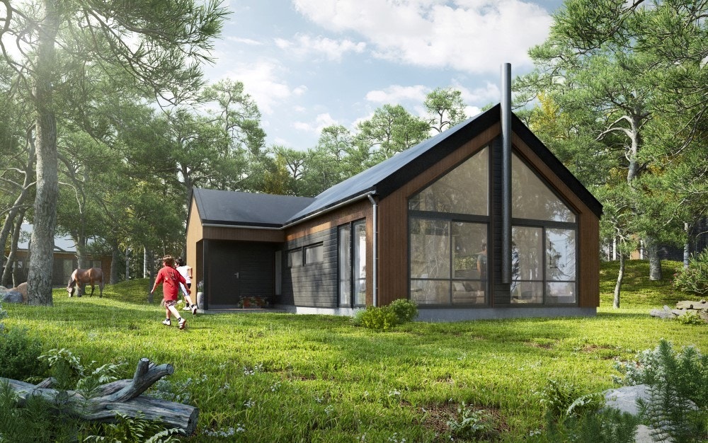 Illustrasjonen viser hyttetypen Våle fra Berge Sag og Trelast AS som kan bygges på tomt: 1, 7 og 8.
Denne hytten har en BRA på 73 kvm
og 3 (4) soverom. Se mer: https://bergesag.no/modeller/vale/ Galleribilde