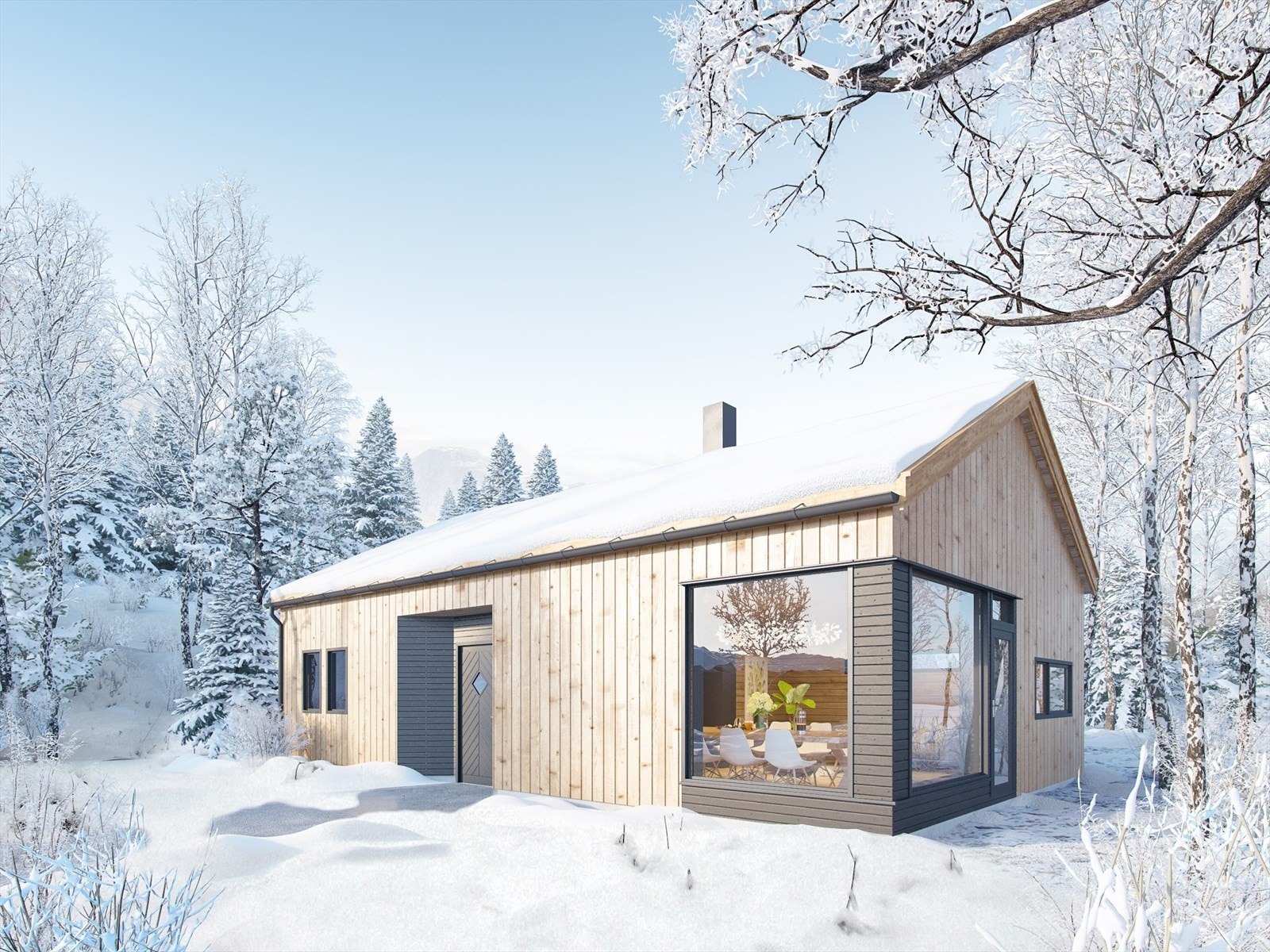 Illustrasjonen viser hyttetypen Trud Moderne fra Berge Sag og Trelast AS som kan bygges på tomt:12.
Denne hytten har en BRA på 71 kvm
og 3 soverom. Se mer: https://bergesag.no/modeller/trud-moderne/ Galleribilde