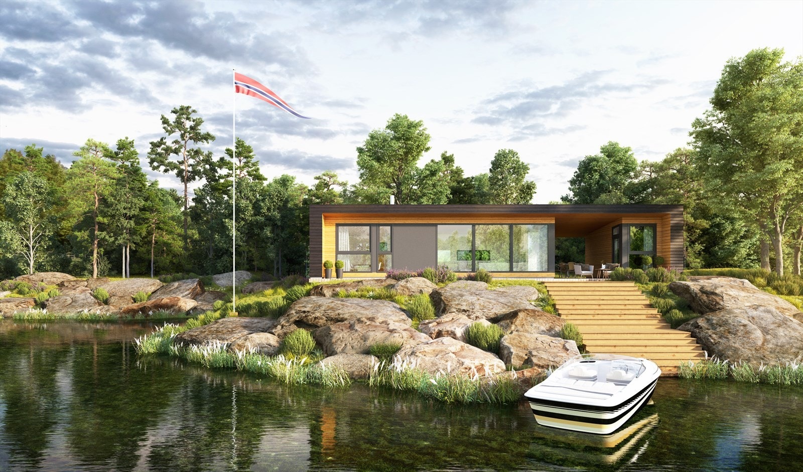 Illustrasjonen viser hyttetypen Fenja Pluss fra Berge Sag og Trelast AS som kan bygges på tomt: 3, 4, 5 og 10.
Denne hytten har en BRA på 76 kvm
og 4 soverom. Se mer: https://bergesag.no/modeller/fenja-pluss/ Galleribilde