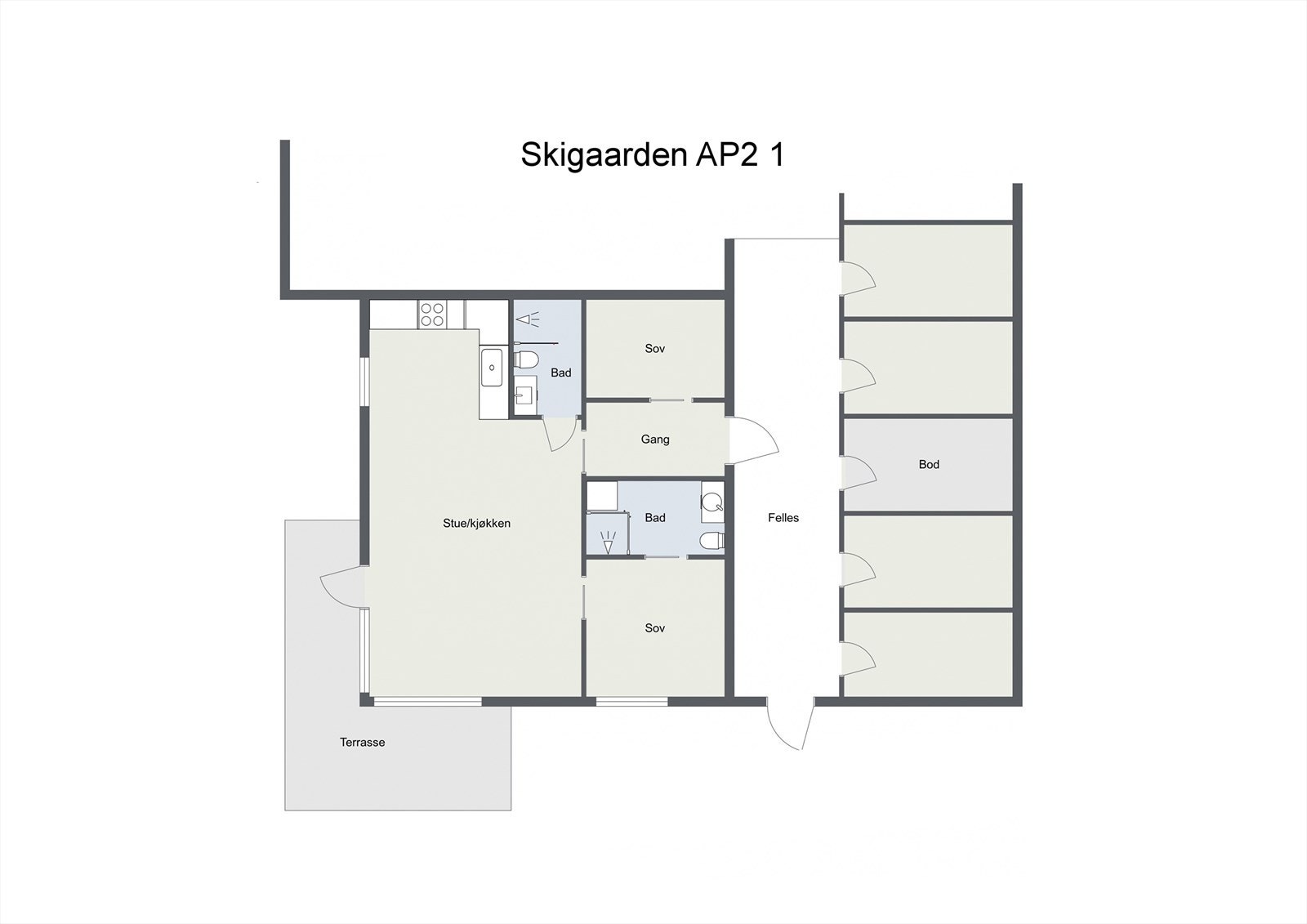 Plantegning og tilhørende sportsbod rett ovenfor inngangsdør til leiligheten. Galleribilde