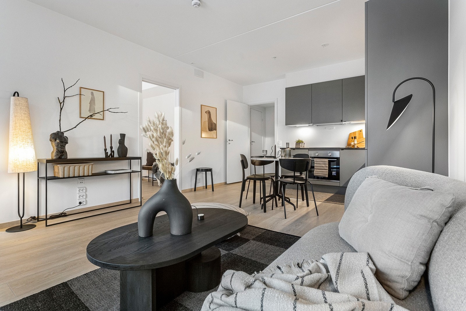 Åpen stue- og kjøkkenløsning med plass til sofa, TV-bord og spisebord. Galleribilde