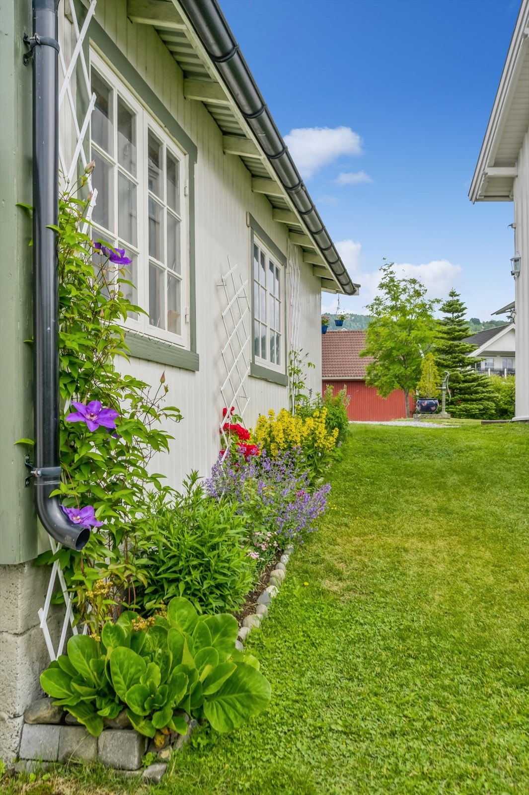 Idyllisk og pen hage, der blomster og bed gir sommerstemning Galleribilde