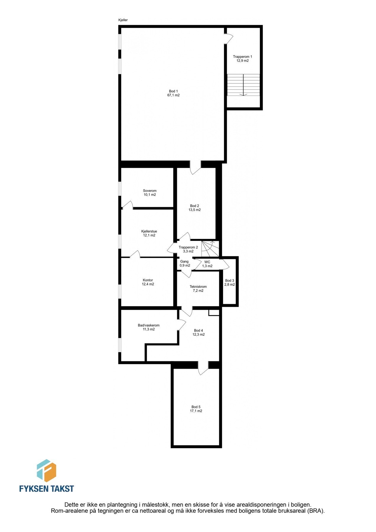 Planskisse kjeller. Her er det blant annet tre oppholdsrom samt rikelig med bodplass. Galleribilde
