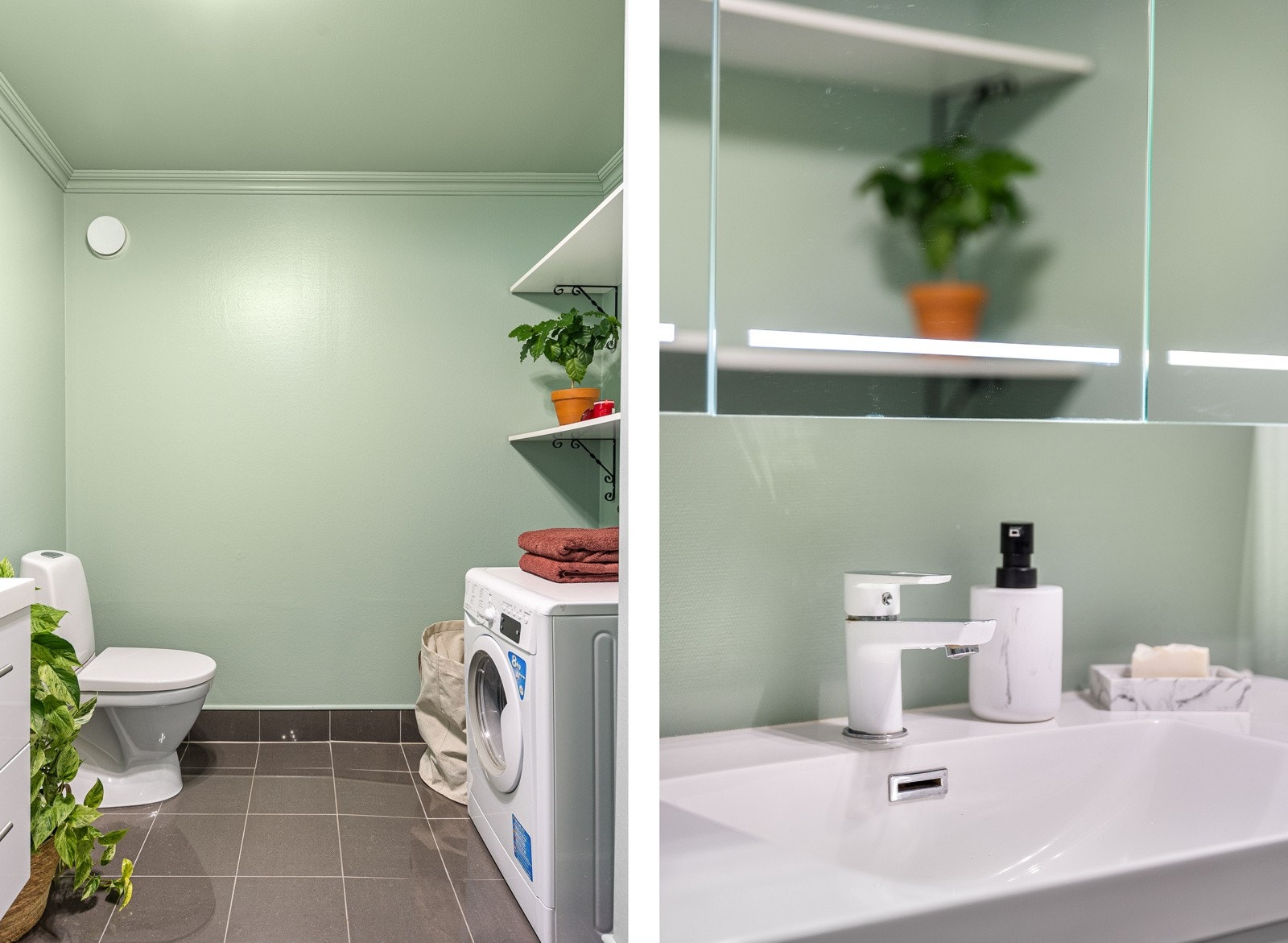 Over servanten er det speilskap med belysning og på motsatt side har badet opplegg for vaskemaskin. Galleribilde