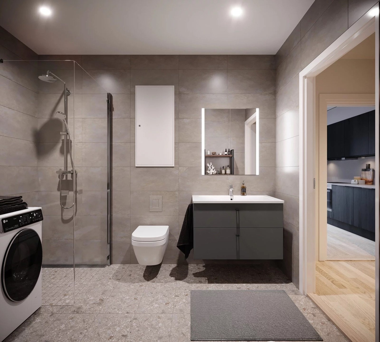 valgt interiørkonsept på leilighet A2-201 er nordisk mørk på bad og WC. Galleribilde