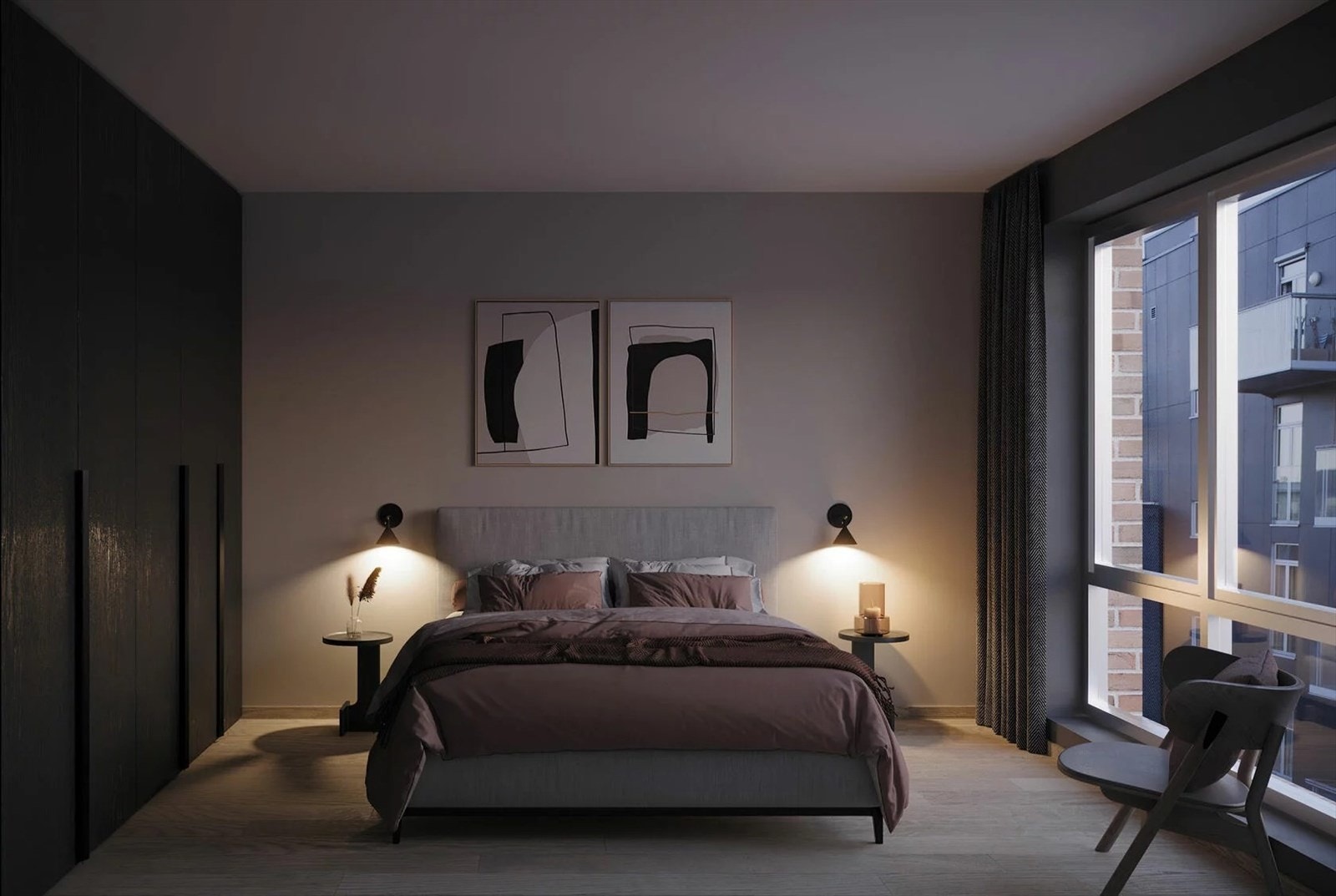 Illustrasjon av et tilsvarende hovedsoverom i bygg B - avvik kan forekomme. (leiligheten leveres uten garderobeskap) Galleribilde