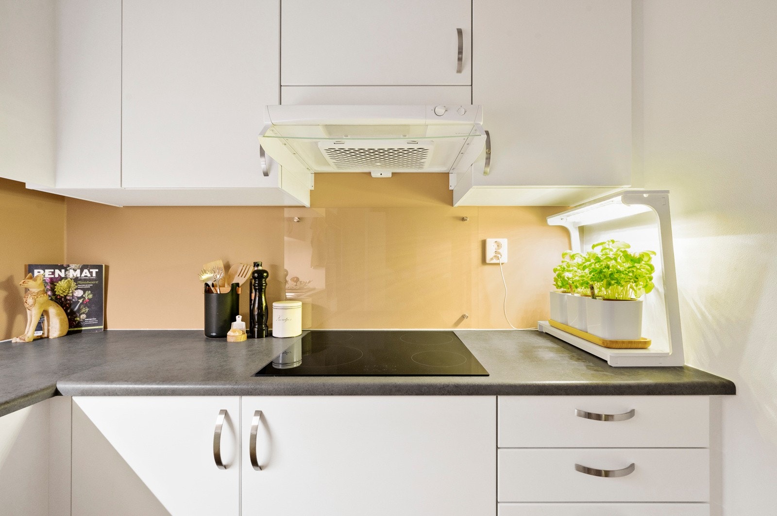 Praktiske løsninger som glassplate bak platetopp, overbelysning og stikkontakter over benk. Lekkasjestopper og komfyrvakt er installert. Galleribilde