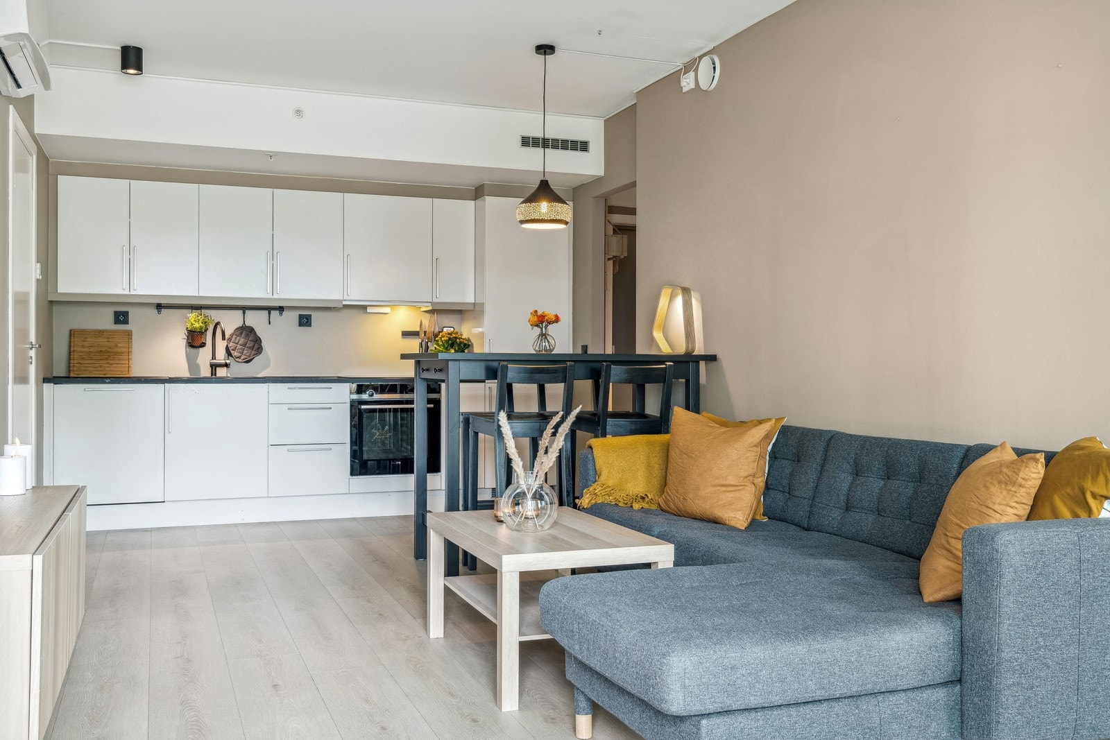 Stuen og leiligheten for øvrig er malt i et moderne fargevalg. Galleribilde