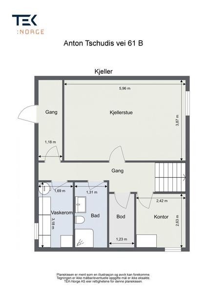 Kjeller med bl.a. "ungdomshule", kontor og vaskerom. Galleribilde