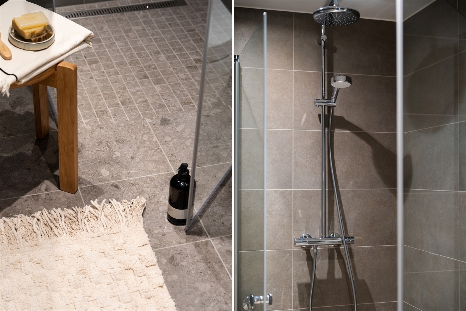 Lekre fliser kombinert med regnfallsdusj gir et eksklusivt preg. Galleribilde