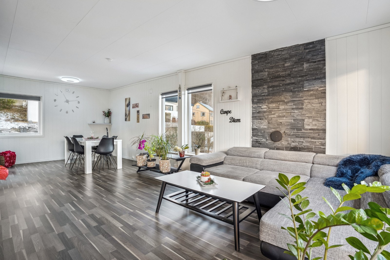 Det er god plass til både sofagruppe og spisestue med tilhørnede møblement Galleribilde