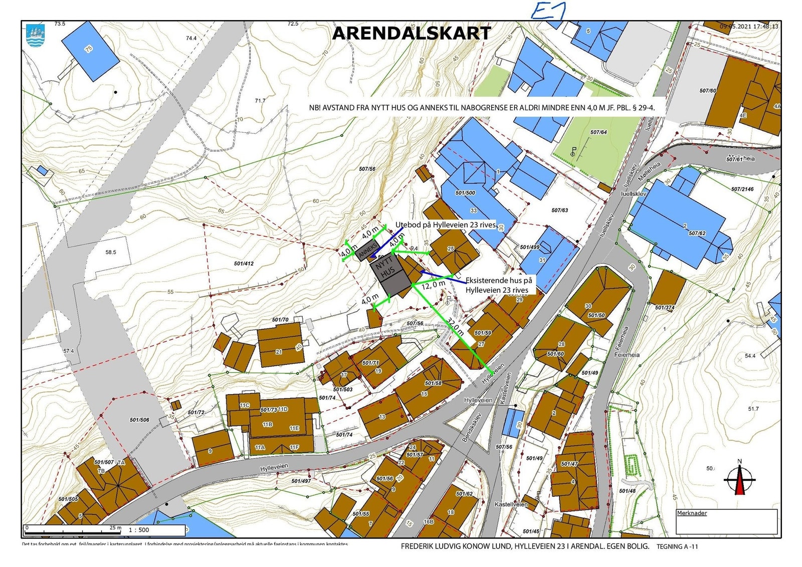 Situasjonsplan hentet fra søknad om rammetillatelse. Beliggenheten er helt usjenert sentralt i Arendal. Galleribilde