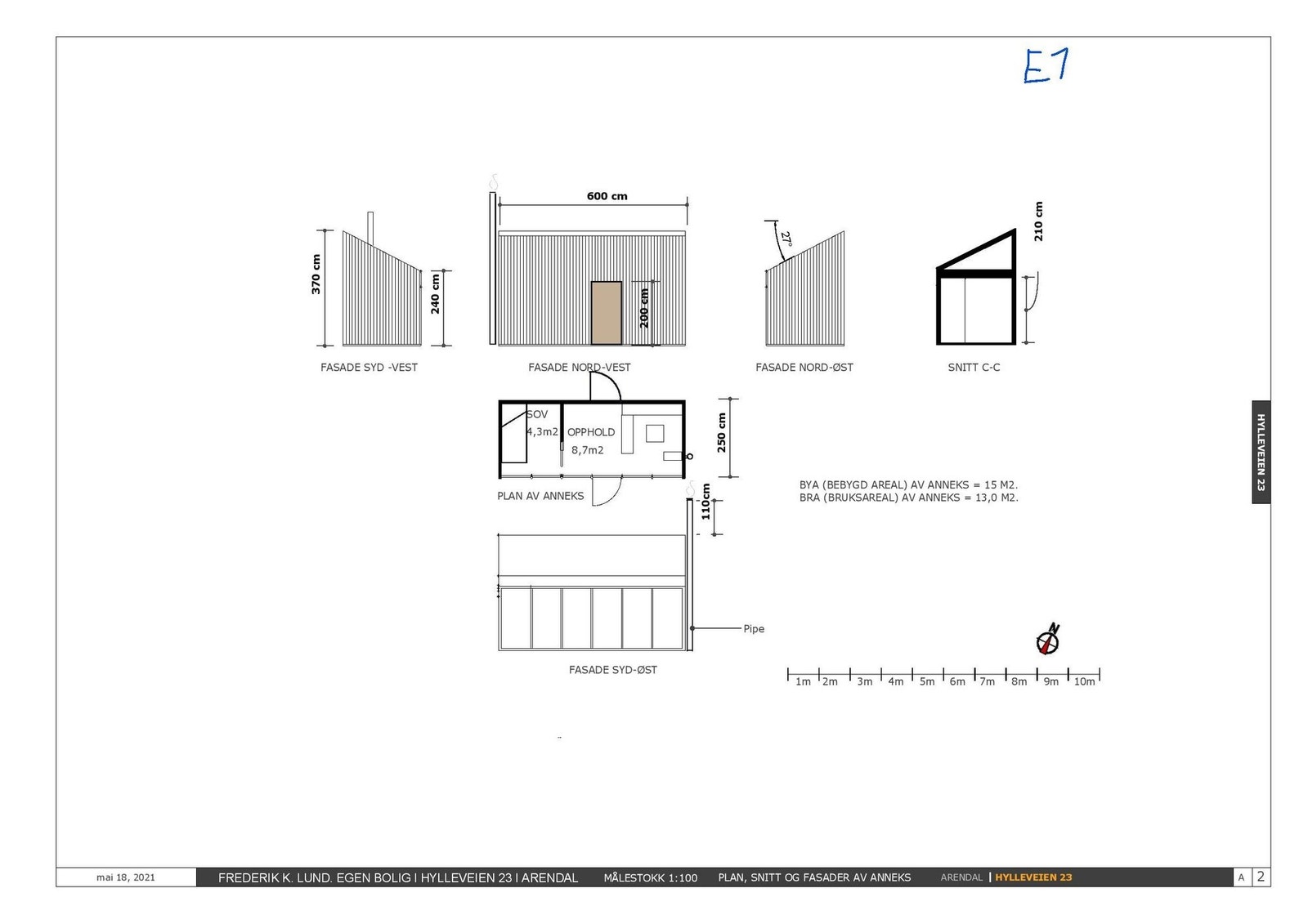 Fadade, plan og snitt av anneks. Rammetillatelse er gitt. Annekset er tegnet med tanke på feks. utleie gjennom arbnb. Utleie under Arendalsuka? Galleribilde