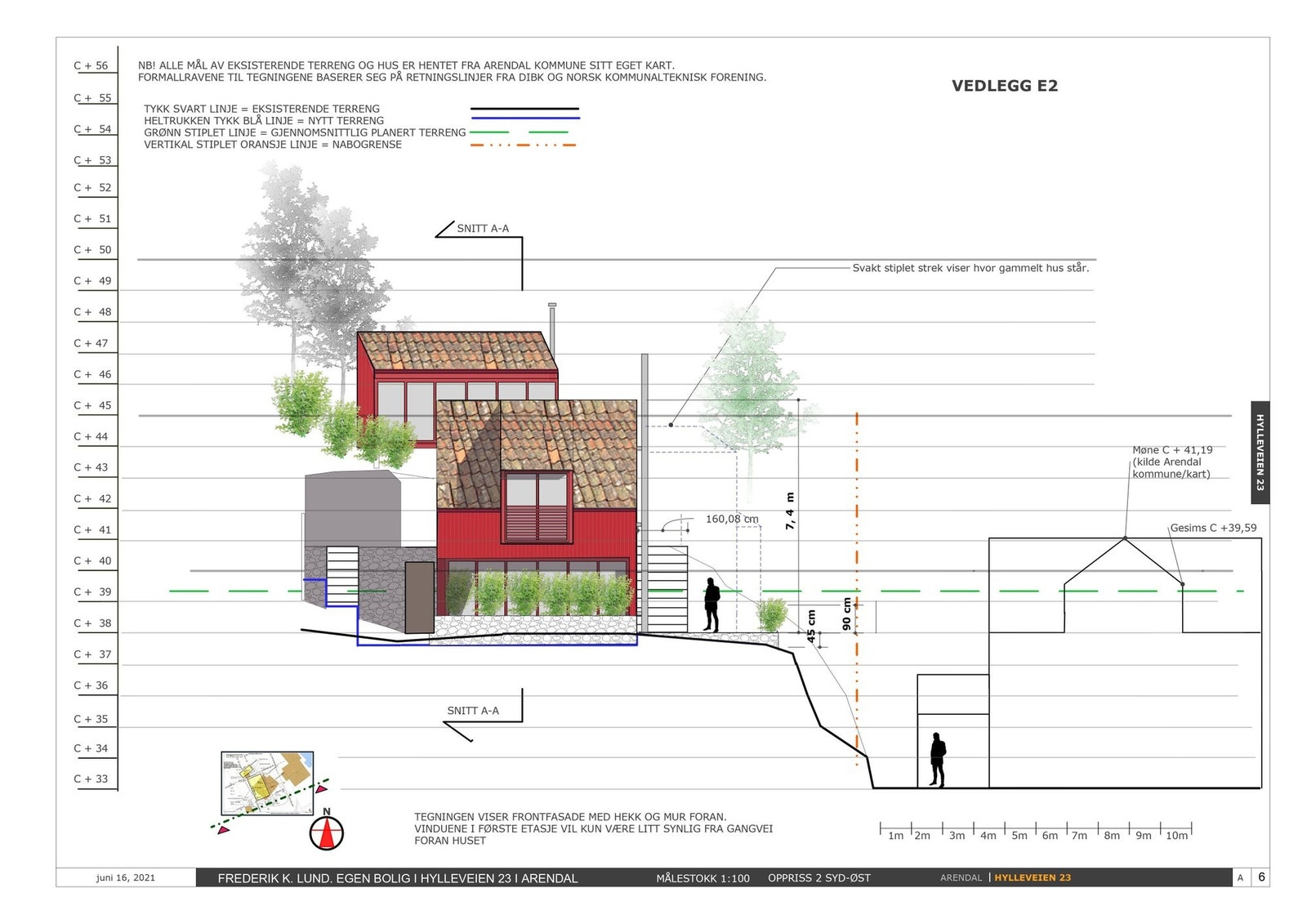 Tegning som viser hvordan terrengendringer der det lages en fin plen foran bygget. Galleribilde