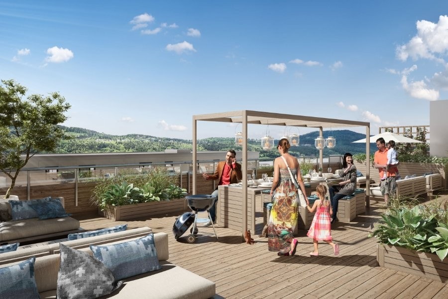 Tilgang til to flotte felles solrike takterrasser med egne sittegrupper og god utsikt mot Drammen sentrum, Konnerud, Underla og Øren. Galleribilde