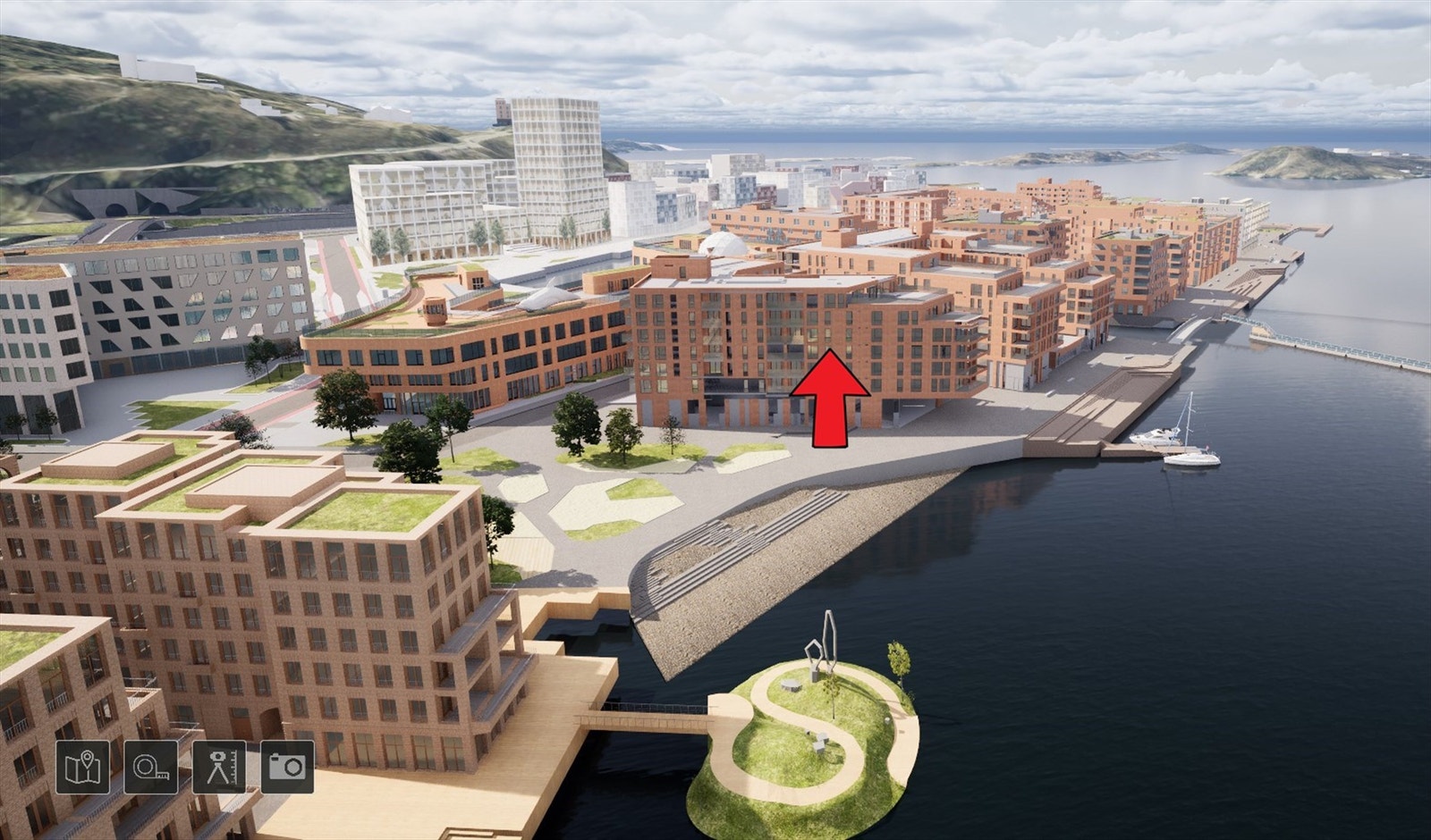 Utsnitt fra 3D-modell som viser utbyggingsplanene i området og leilighetens unike plassering rett ved vannet Galleribilde