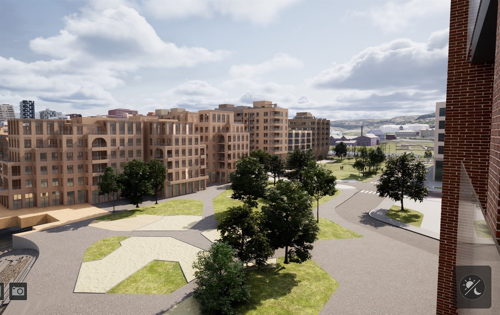 Utsnitt fra 3D-modell - perspektiv fra leiligheten med utsikt til Kongsallmenningen og Middelalderparken Galleribilde