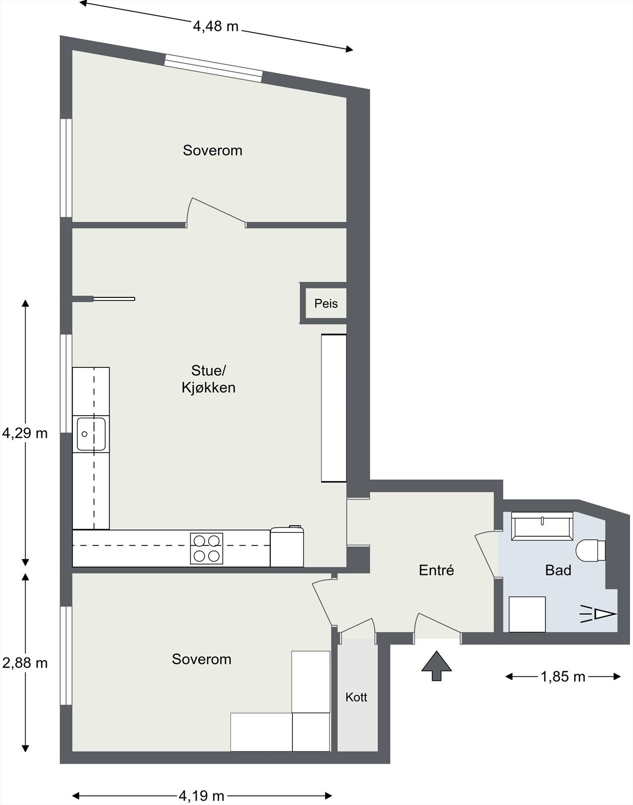 Alternativ plantegning | Mulighet for å omgjøre til 3-roms ved å sette opp vegg i stue. Galleribilde
