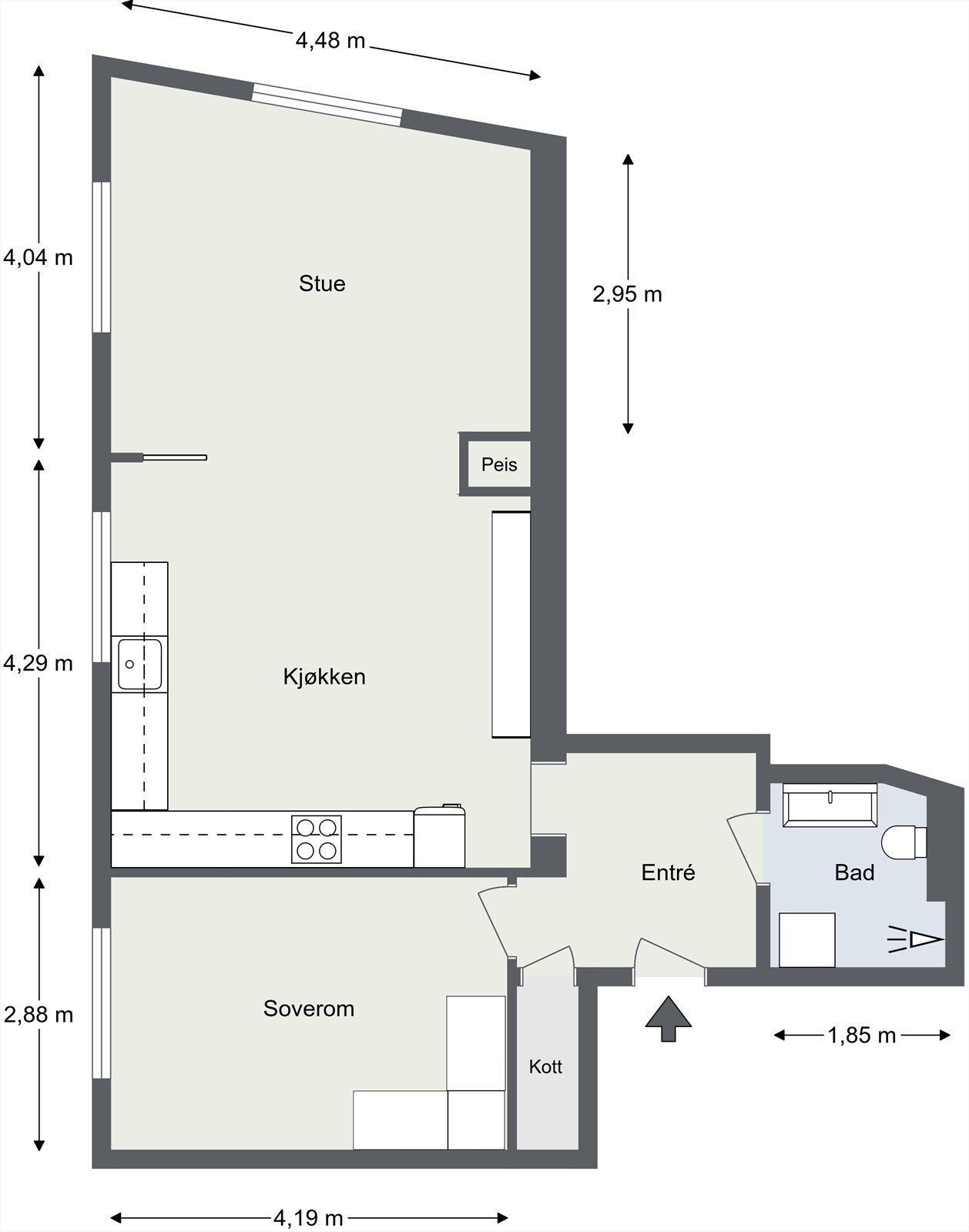 Plantegning | Leiligheten ligger på hjørne av bygget og har en god planløsning. Galleribilde