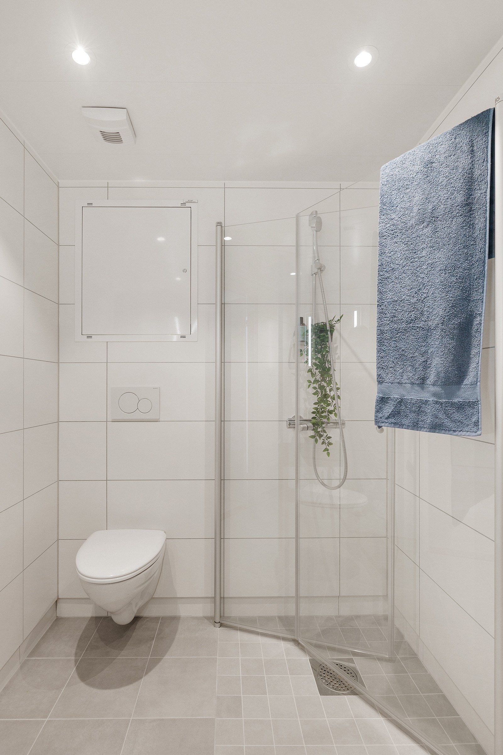 Badet har dusjhjørne med glassvegger og vegghengt toalett Galleribilde