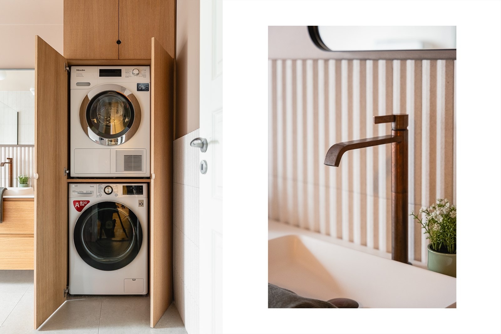 Utrolig smart løsning med vaskemaskin og tørketrommel "gjemt bort" i skapet. Innredning/skap er spesialtilpasset av møbelsnekker (Skjold Møbelverksted). Galleribilde