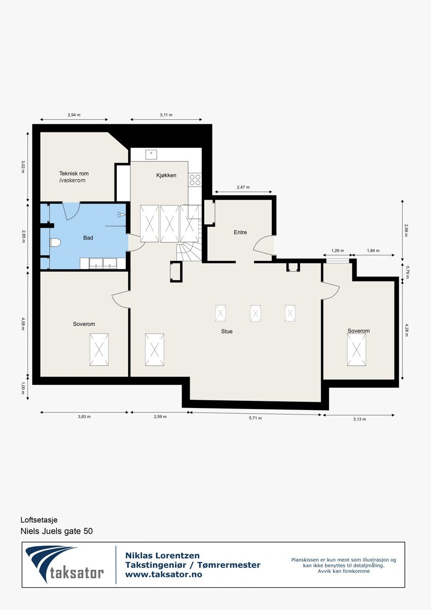 Plantegning. Loftsleiligheten er bygget etter nyeste gjeldende forskrift (TEK17), samme krav som nybygg. Galleribilde