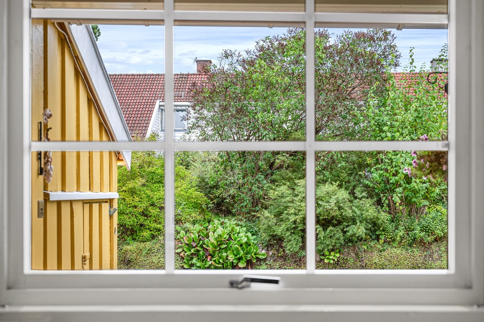 Veldig hyggelig utsyn fra kjøkkenvindu mot inngangsparti. Galleribilde