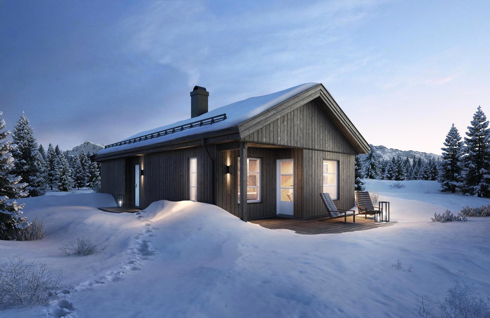 Hyttemodell Mjuken 65 i vinterdrakt, illustrasjon Galleribilde