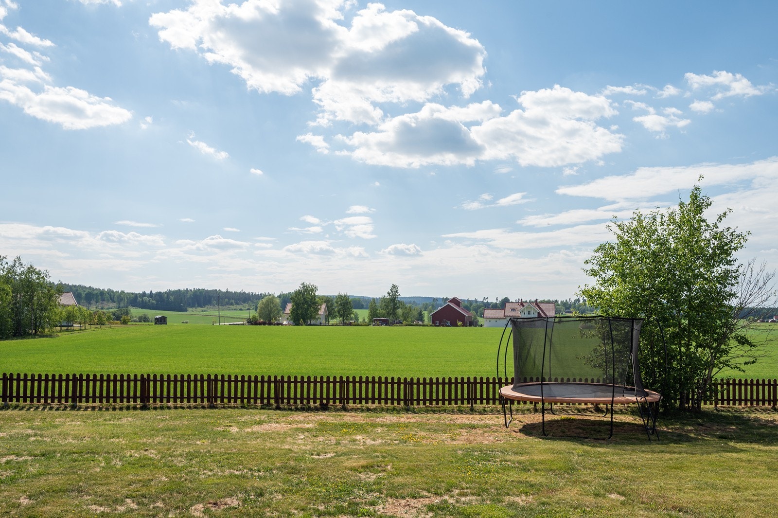 Hagen er avgrenset med tuja og flettverksgjerde mot naboene, og med stakitt i grensen mot åkerlandskap i vest. Galleribilde