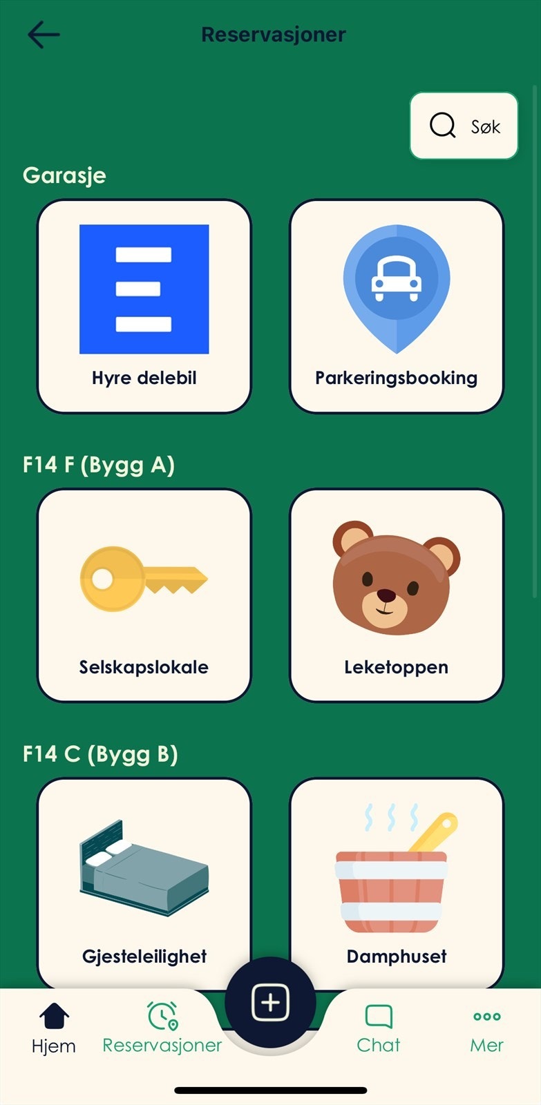 Fra Reservasjonsmenyen: Her kan du booke delebil, parkering, selskapslokale, lekerom (Leketoppen), gjesteleilighet og sauna (Damphuset) Galleribilde